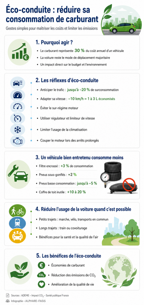 Infographie présentant les principaux gestes d’éco conduite pour réduire la consommation de carburant et les émissions de CO₂